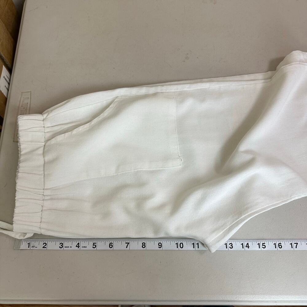 Womens White Linen Blend Wide Leg Flare Pants Size L Coastal Resort Summer Swim - Picture 8 of 11